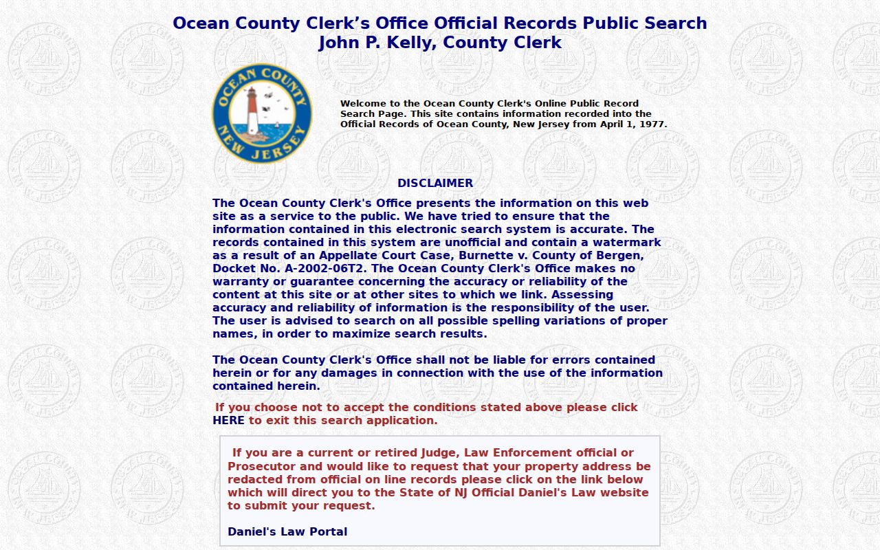 Berkeley Township residents directory Ocean County deed index search fields