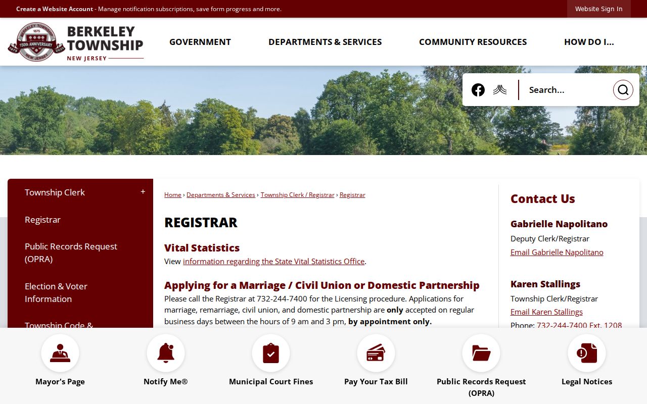Berkeley Township residents directory local registrar vital and marriage record access