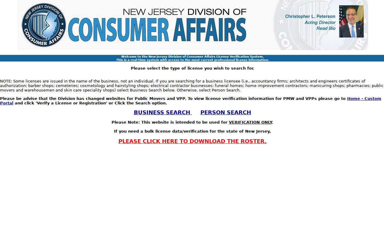 Berkeley Township resident lookup using the New Jersey MyLicense business and person search selector