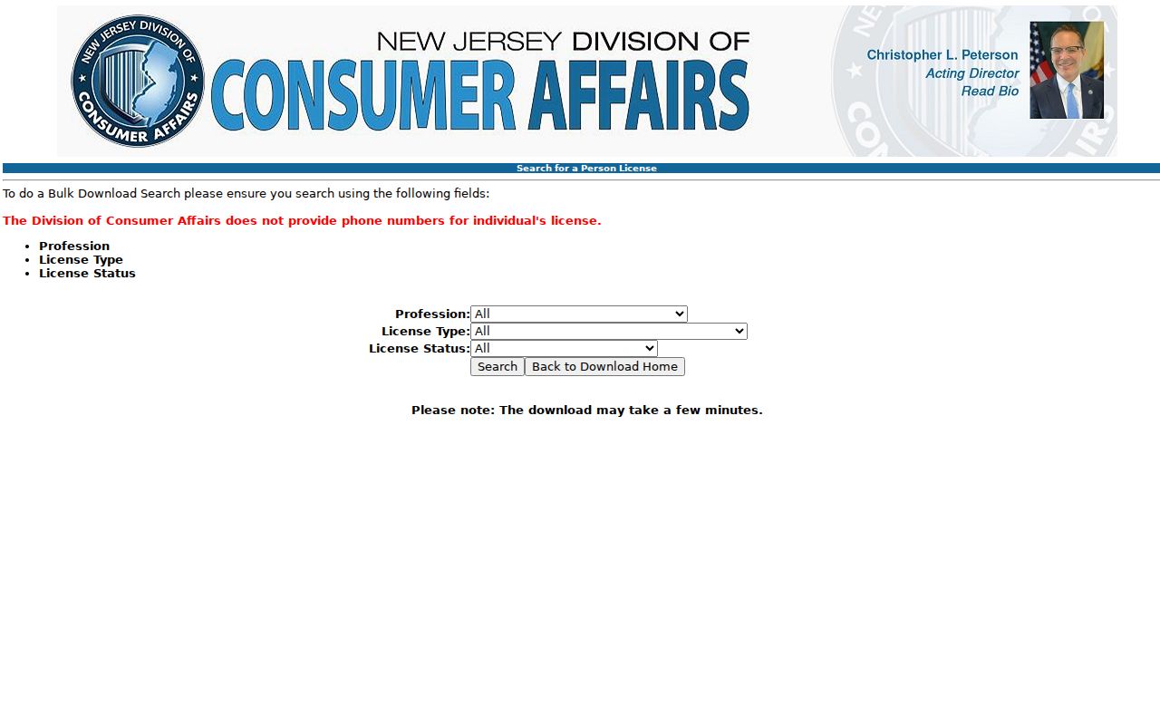 Berkeley Township resident lookup view of MyLicense profession status name number and city fields