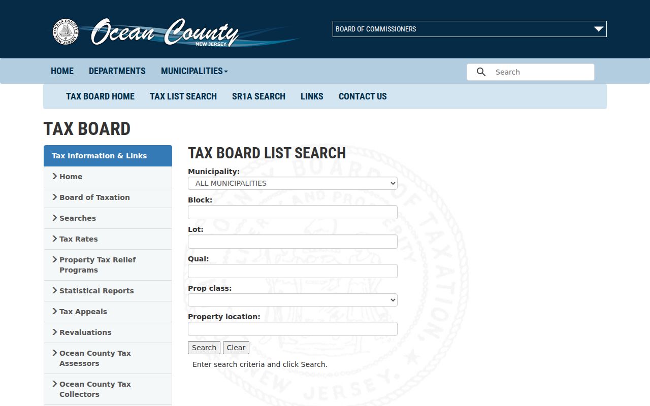 Berkeley Township street directory tax-list search fields for municipality, block, lot, qualifier, class, and location