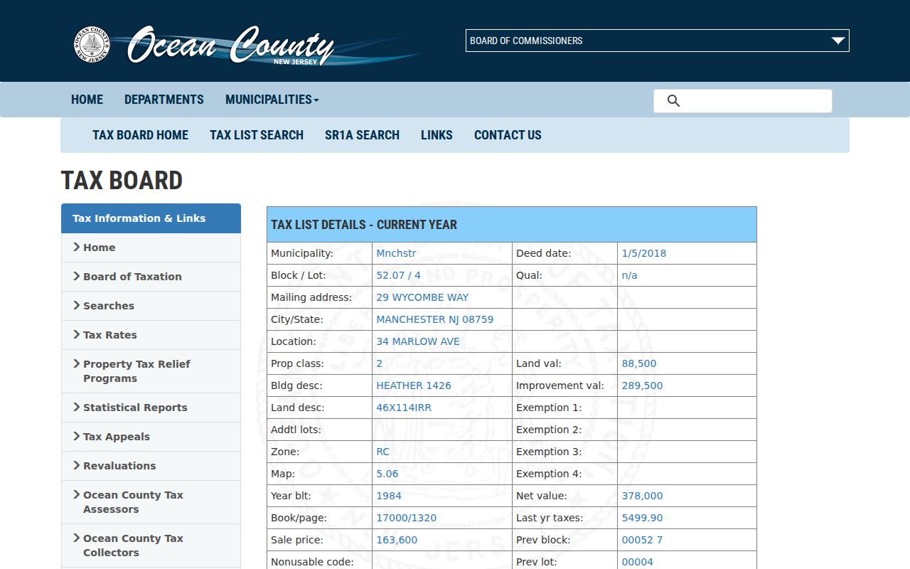 Berkeley Township street directory parcel-detail field schema for assessment and sale history